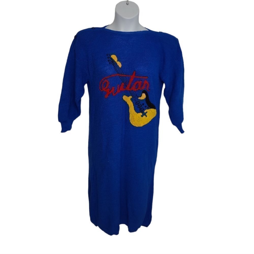 VINTAGE 80s guitar sweater dress chenille applique blue long sleeve midi M/L
